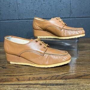 Vintage Airstep USA Tan Leather Wedge Moc Toe Oxford Shoes Women’s 7